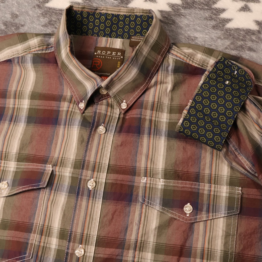Roper Wear The West Mens XL Plaid Western Button Shirt Green Brown Long Slee